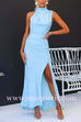 Sleeveless Asymmetric Shoulder Waisted Slit Maxi Dress