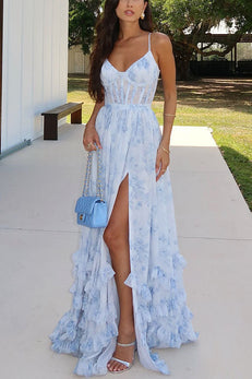Margovil Back Lace-up Ruffle Hem Slit Floral Print Maxi Cami Dress