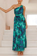 Margovil One Shoulder Drawstring Cut Out Printed Maxi Pleated Dress