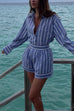 Margovil Striped Long Sleeves Curve Hem Shirt and High Rise Shorts Set
