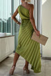 Margovil 3D Rose One Shoulder Cut Out Waist Asymmetric Hem Pleated Maxi Dress