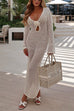 Margovil V Neck Long Sleeves Backless Crochet Hollow Out Knit Maxi Dress