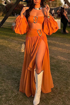 Margovil Ruched Waist High Slit Flowy Maxi Skirt