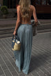 Margovil Halter Backless Ruffle Top and Elastic Waist Pleated Maxi Skirt Set
