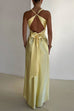Margovil V Neck Back Tie Bow Cut Out Satin Maxi Dress