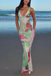 Margovil V Neck Sleeveless Rose Print Bodycon Maxi Dress