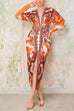 Margovil V Neck Long Sleeves Ruched Slit Printed Midi Dress
