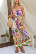 V Neck Tie Waist Wide Leg Aztec Print Cami Jumpsuit