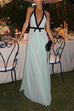 Margovil Deep V Neck Halter Backless Color Block Bow Maxi Dress