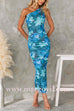 One Shoulder Ruched Back Slit Floral Print Bodycon Midi Dress