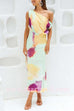 Asymmetric Shoulder Waisted Tie Dye Slit Maxi Dress