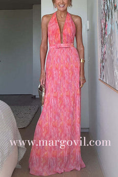 Halter V Neck Open Back Print Pleated Maxi Dress