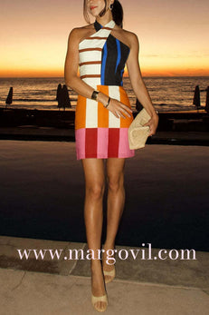 Criss Cross Halter Backless Color Block Mini Dress