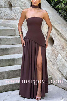 Margovil Strapless Back Lace-up High Slit Splice Maxi Dress