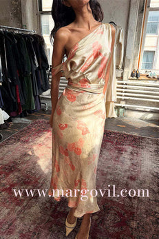 Sleeveless Open Back Floral Print Satin Maxi Dress