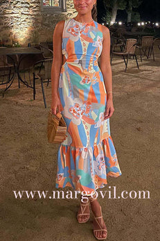 Sleeveless Open Back Printed Ruffle Midi Dress
