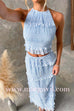 Margovil Frill Trim Halter Backless Crop Top and Drawstring Waist Maxi Skirt Set