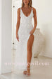 V Neck Double Straps Flower Applique High Slit Maxi Dress