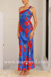 One Shoulder Back Cut Out Floral Print Satin Maxi Dress