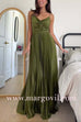V Neck Spaghetti Strap Empire Waist Pleated Maxi Dress