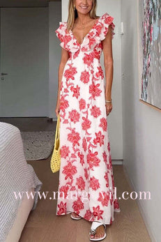 Ruffle V Neck Tie Back Floral Print Maxi Dress