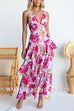 V Neck Back Lace-up Ruffle Layered Floral Print Maxi Cami Dress