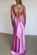 Margovil V Neck Back Tie Bow Cut Out Satin Maxi Dress