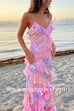 Margovil Spaghetti Strap Backless Ruffle Trim Printed Maxi Dress