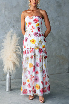 Strapless Floral Print Splice Flare Maxi Dress