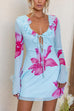 Ruffle Neck Long Sleeves Tie Front Floral Print Mini Dress