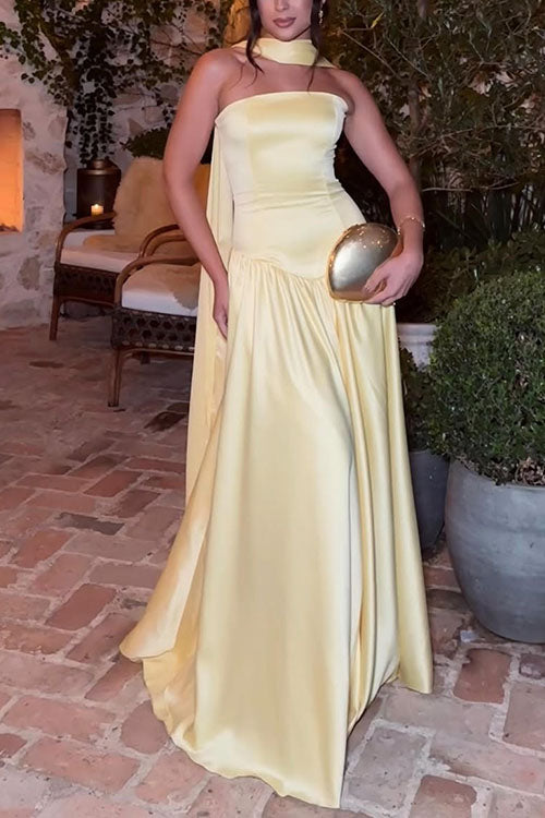 Strapless Drop Waist Satin Swing Maxi Dress