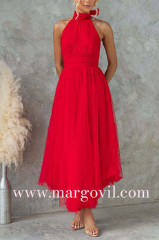 Margovil Bow Knot Halter Open Back Tulle Maxi Dress