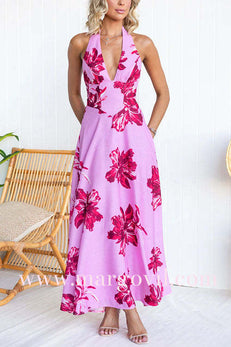 Halter V Neck Back Lace-up Floral Print Swing Maxi Dress