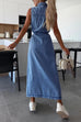 Margovil Sleeveless Button Down Tie Waist Pocketed Denim Midi Dress