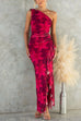 One Shoulder Sleeveless Ruffle Slit Floral Print Maxi Dress