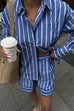 Margovil Striped Long Sleeves Curve Hem Shirt and High Rise Shorts Set