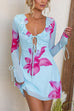 Ruffle Neck Long Sleeves Tie Front Floral Print Mini Dress