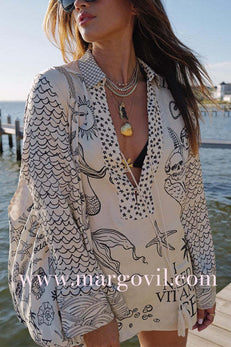 Margovil Collared V Neck Shirt and Side Slit Shorts Vitamin Sea Print Set