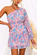 One Shoulder Waisted Floral Print Ruffle Mini Dress
