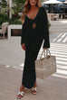 Margovil V Neck Long Sleeves Backless Crochet Hollow Out Knit Maxi Dress