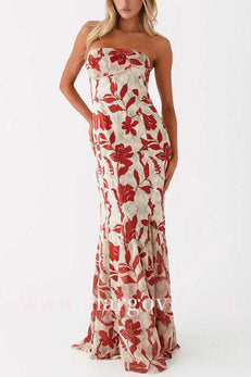 Strapless Floral Print Flowy Maxi Dress