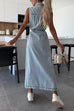 Margovil Sleeveless Button Down Tie Waist Pocketed Denim Midi Dress