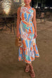 Sleeveless Open Back Printed Ruffle Midi Dress