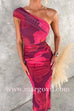 One Shoulder Floral Print Mesh Bodycon Maxi Dress