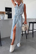 Margovil Sleeveless Button Down Tie Waist Pocketed Denim Midi Dress