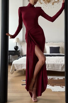 Margovil Turtleneck Ruched High Slit Maxi Party Dress