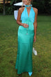 Deep V Neck Halter Open Back Color Block Satin Maxi Dress
