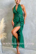 Halter Open Back Gold Buckle Detail Ruffle Slit Maxi Dress