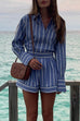 Margovil Striped Long Sleeves Curve Hem Shirt and High Rise Shorts Set
