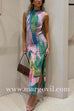 Margovil Sleeveless Side Slit Open Back Colorful Print Maxi Dress